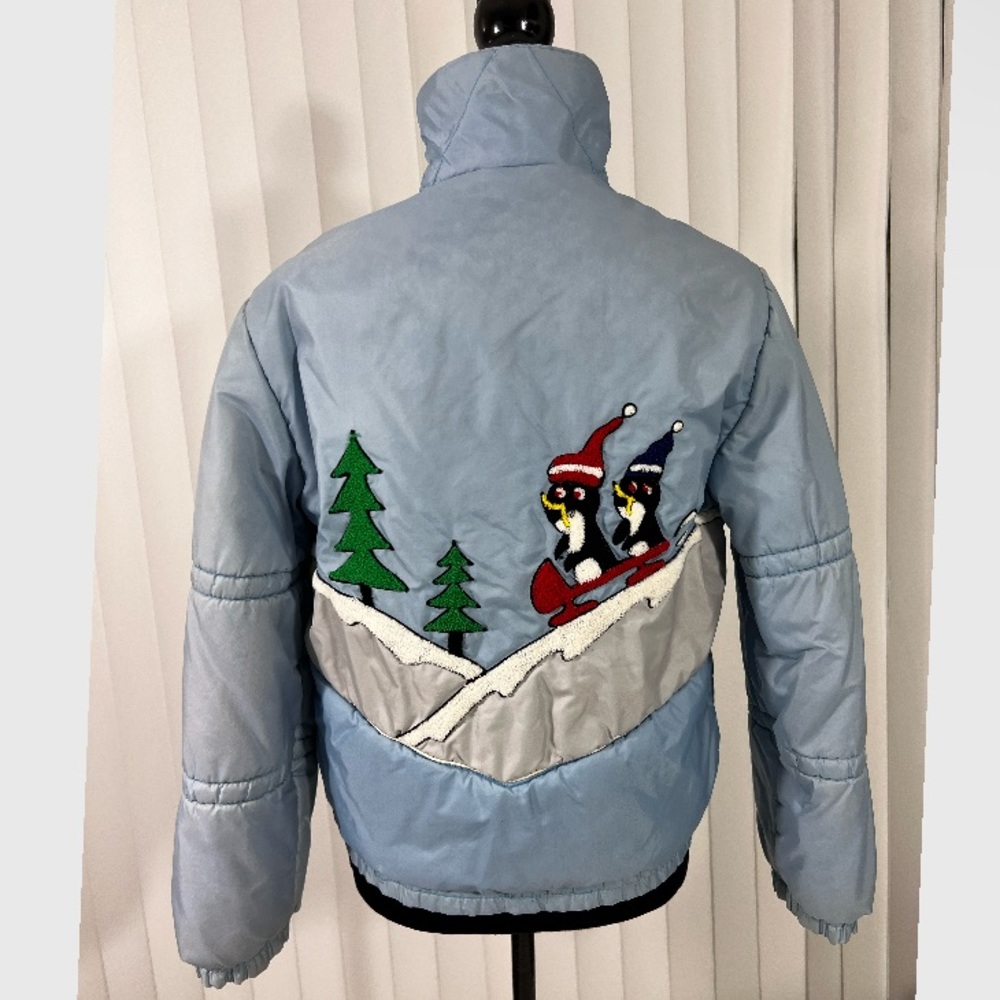 Vintage 80s Short Puffer Coat Embroidered Penguins Zipper Pockets Light Blue S